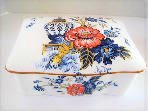Bone China Trinket Box, Signed Crown Staffordshire, Penang pattern, Orange Blue, Made in England, Bone China Jar