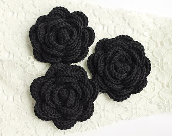Crochet roses - black crochet flowers, wedding flowers, wedding decorations, applique flowers, sew on flowers, shabby chic flowers