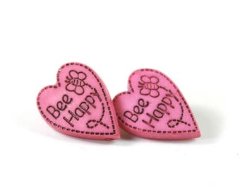 Heart earrings, Heart studs, Pink heart earrings, Bee happy earrings Bee happy studs