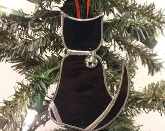 Adorable Black Stained Glass Cat Christmas Tree Ornament/Suncatcher with Bell