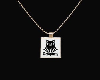 Cat necklace, octopussy, funny necklace, cute jewelry, silver pendant, square pendant, sarcasm, statement jewelry, octopus necklace