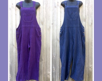 Blue and Purple Cotton Bib Overalls, Hand dyed fair trade cotton clothing, loose fitting women's overalls, colorful bibs, cropped length