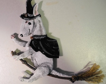 White Bull Terrier Witch riding Broom - Wall Hanging Original artwork