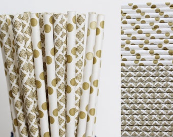 Gold Paper Straw Mix-Metallic Gold Straws-Polka Dot Straws-Damask Straws-Wedding Straws-Party Straws-Mason Jar Straws-Gold Paper Straws