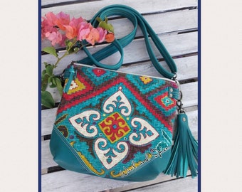 Genuine Leather and Canvas Crossbody Purse, Tribal Design, Handmade, Zipper Top, Handbag or Shoulder Bag, Teal