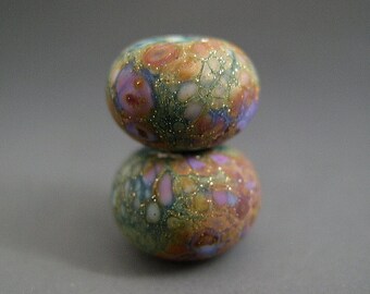 Naos Glass Lily Pad Gardens Pair Made To Order Handmade Lampwork Beads SRA Artisan Glass Beads Teal Rust Tones Lilac Lavender