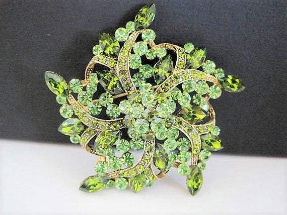 Peridot Green Brooch, Domed Rhinestone, Signed JHS, Gold Tone Backing, Gift for Woman