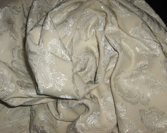 DAMASK FABRIC - SILVER on White - Vintage Remnant 1.3 yards