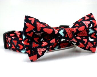 Valentine's Day Dog Collar and Bow Tie Set | Sweethearts in Black Valentine's Day Dog Collar | Heart Dog Collar | Boy Dog Collar