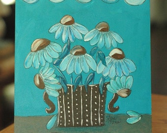 Coneflower Blues, Whimsical Folk Art Original Acrylic Painting by Lana Manis
