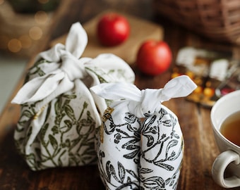 Furoshiki lino block printed Mistletoe japanese wrapping cloth reusable