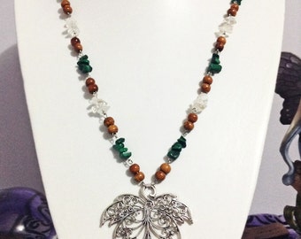 Crystal quartz and malachite leaf pendant necklace