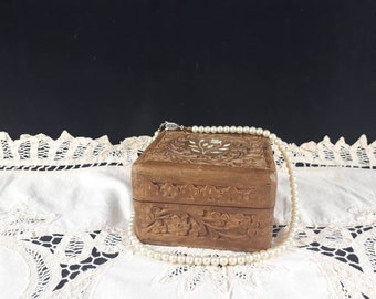 Hand Carved Wooden Box ~ Wood Trinket Box ~ Jewelry box ~ Vintage Wood Box ~ Bone Inlay