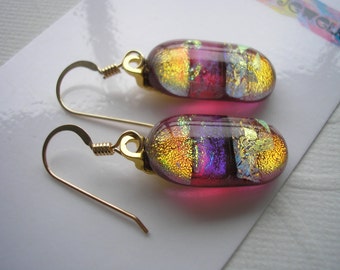 Orange, Red-Violet, and Gold Earrings, Dichroic Glass, 14 GF Earwires, Dangle Earrings, Fused Glass Jewelry, Drop Earrings, Home Crafted