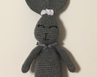 Gray Bunny Rabbit, Gray Amigurimi Crochet Rabbit, 13.5" Handmade Gray Bunny, Stuffed Bunny Rabbit