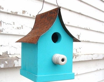 Rustic Blue Bird House, Garden Decor, Recycled Bird House, Outdoor Birdhouse, Farm Insulator for Perch