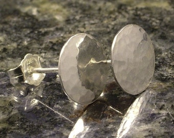 Small Hammered Silver Stud Earrings * Sterling Disk Posts * Simple Practical 24 Hour Wear Studs * Mens Ladies Girls Gift