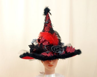 Red Witch Hat, Red and Black Hat, Witch Decor, Witch Costume, Halloween Decor, Red and Black witch Hat, Wicca Witch Hat, Witch Halloween
