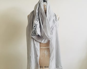 sale, Gray Scarf Spring , Long, Summer, lightweight cotton printed text, artlab brooklyn