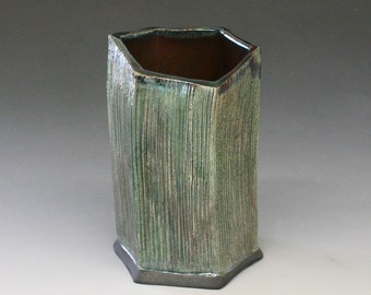 Raku Hexagonal Vase in Emerald Iridescent Colors