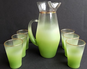 Green with Gold Trim Blendo Pitcher and Glasses 7 Piece Set