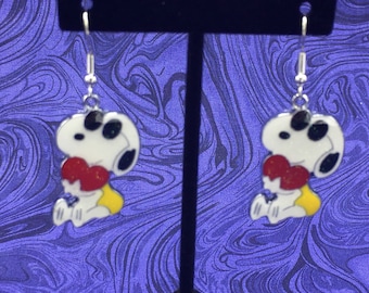 Snoopy Earrings, Snoopy with Red Heart, Peanuts