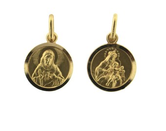 18K Solid Yellow Gold Round Scapular Medal. Sacred Heart of Jesus and Lady of Carmen