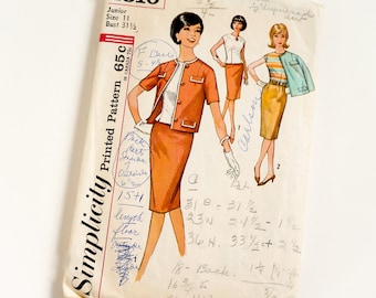 Vintage 1960s Womens Junior Size 11 Skirt Blouse and Jacket Simplicity Sewing Pattern 4810 Complete / bust 31.5 waist 24.5