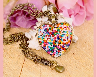 Candy Sprinkle Heart Necklace Filled Resin 16mm Vintage Bronze Necklace Handmade By: Tranquilityy