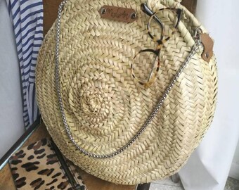 Panier rond en palme "Lina" Paille tressé. Bandoulière chaine. Taille M