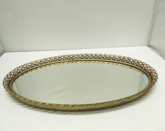 Oval Vanity Mirror Tray With Ornate Brass Floral Filigree Designs & Clean Purple Felt Back