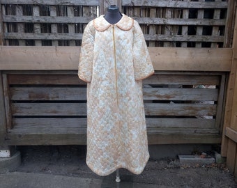 Vintage 1970's 80's Lu-Say Gold and Cream Long Quilted Robe Dressing Gown With 2 Pockets