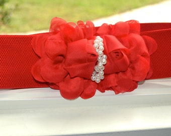 Red Chiffon Flower cinch belt, Wide elastic stretch corset belt, Red belt, one size stretch belt, Belt with pearls