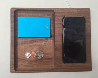QI wireless phone charging station / Valet tray / Solid Walnut / Man tray / Tidy / Bedside table / Office tidy / Coin tidy / Organiser
