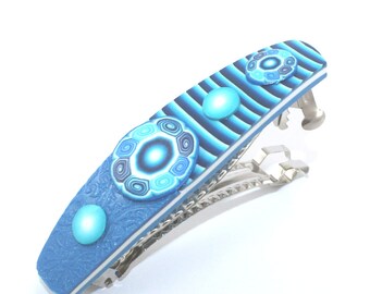 Blue elegant barrette, turquoise unique barrette, polymer clay barrette, dark blue and white, spiral and stripes hair jewelry barrette