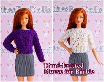 Barbie clothes knitted blouse/Barbie knitted white blouse/Barbie knitted purple blouse/Barbie sweater/Barbie fashion outfit/Doll clothes
