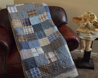 Quilt Blues Grays Browns UpCycle RePurpose ReUse Men's Plaid Dress Shirt Quilt TWIN Made to Order