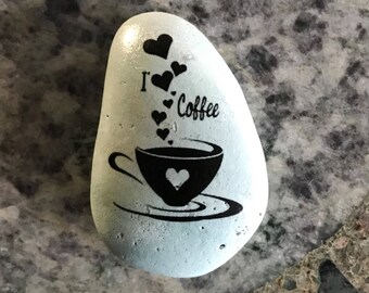 Natural, Handmade Printed "I Love Coffee" Stone. Unique Stone Art Gift.