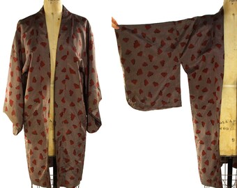 Vintage Haori Silk Kimono / Short Kimono Duster in Mocha Colored Silk with Rust Colored Abstract Pattern