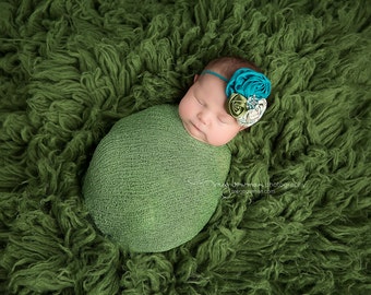 Leaf With a Song headband - aqua teal and olive rosette and satin bow