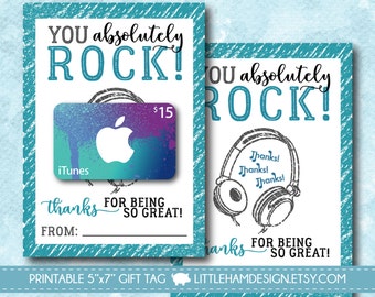 Printable You Rock iTunes Thank You Card // Music Gift Card Holder // Thank You Gift Tag // Teacher & Friend Gift // Instant Download 5x7