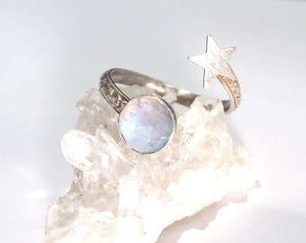 Moon and Star Ring, Open Ring, Moonstone Ring, Star ring, Silver star ring, Rainbow Moonstone ring, Full moon ring, moon star ring