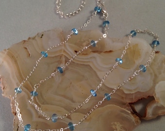 SWISS BLUE TOPAZ Necklace, sterling silver, gold, rose gold, blue, topaz, gemstone, December birthstone, light blue, beaded, station, chain