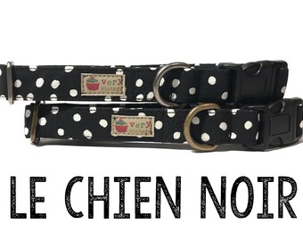 Dog Collar - Polka Dot Dog Collar - Black Dog Collar - Organic Cotton - Antique Metal Hardware - "Le Chien Noir"