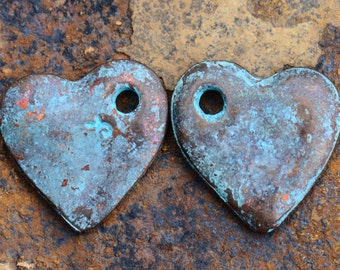 4 Mykonos Greek Casting Green Patina Heart Cornflake Dangle Beads