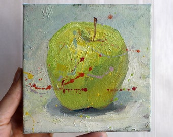 Set of 3 art Original oil painting Apple red yellow Abstract fruit art Miniature painting Set oil painting Mini oil painting Wall art set