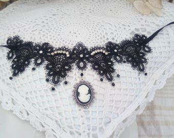 Lace Choker, Gothic Cameo Necklace, Steampunk Choker, Steampunk Necklace, Victorian Choker, Victorian Necklace, Gothic Choker Romantic