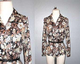 SALE - Vintage 70s boho blouse FLORAL long sleeve top - S/M