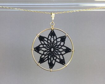 Tavita doily necklace, black silk thread, 14K gold-filled