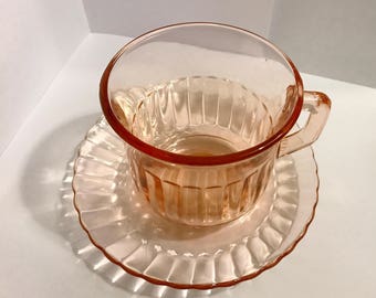 Pink Pressed Glass Cups with Saucers, Set of Four